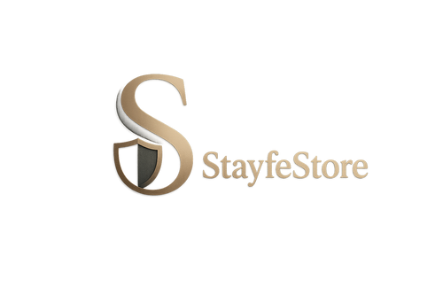 un logo écrit StayfeStore avec un design élégant mais simple et avec des nuances et un bouclier fusionné dans les courbes du S